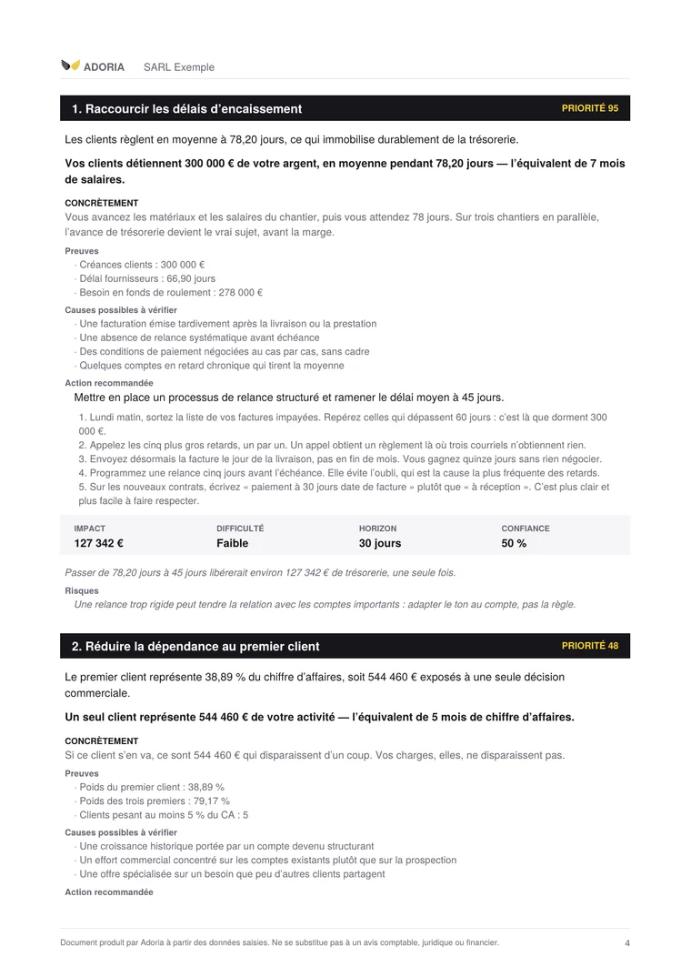 Page du plan d'action : chaque action porte ses preuves, ses causes possibles, ses étapes, son impact chiffré et ses risques.